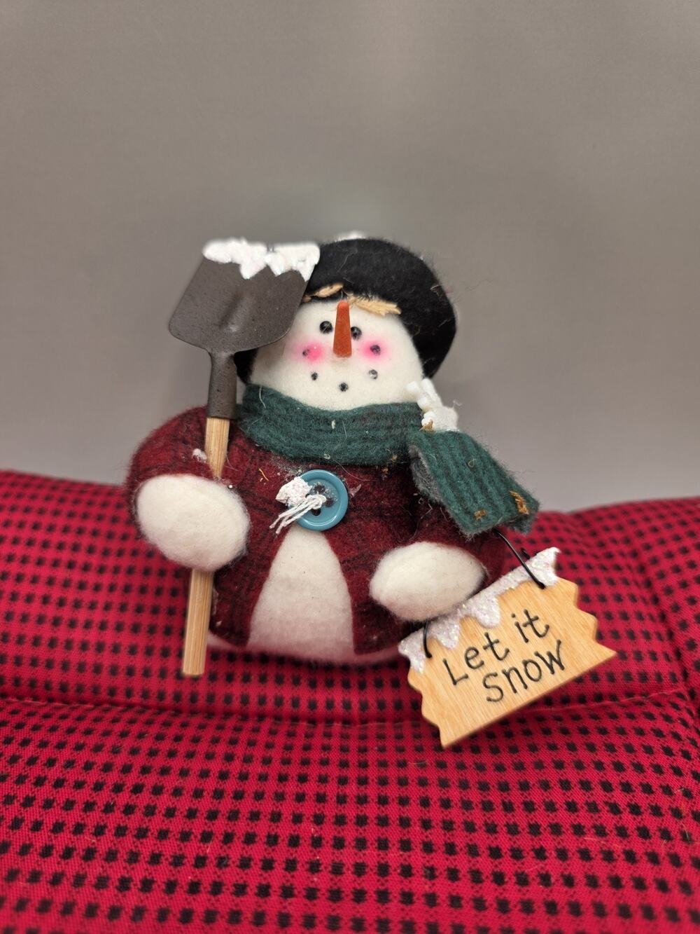 Vintage Country Primitive Snowman Christmas Ornament Let It Snow Shovel Button